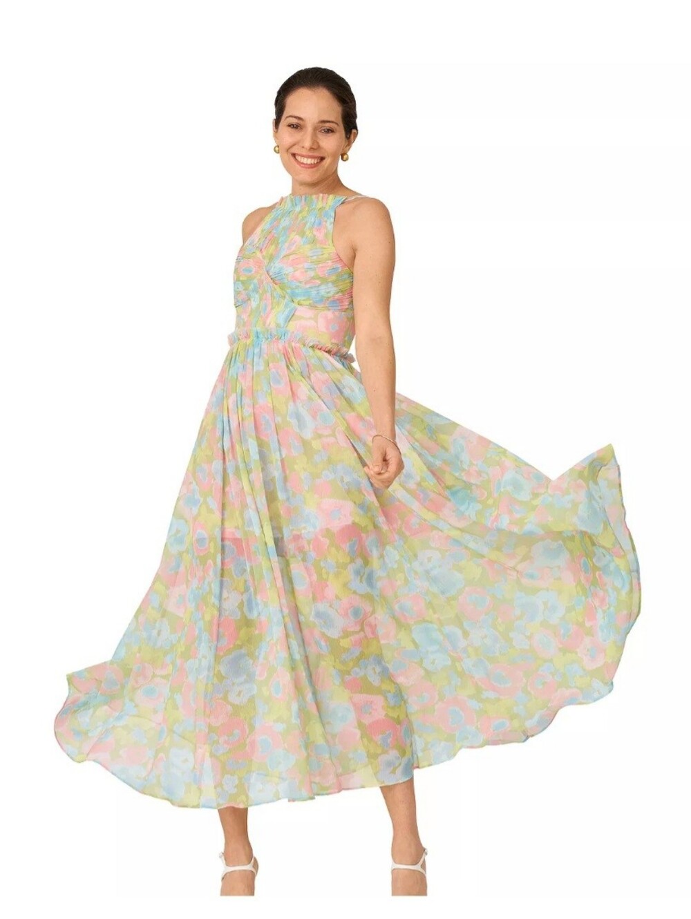 J. Mendel Pastel Floral Halter Maxi Dress - Pink, Blue, Green